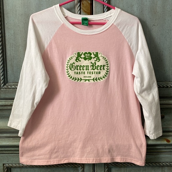 T-shirt with pink body/white 3/4 sleeves w/ “Green Beer Taste Tester” insignia - Picture 1 of 6